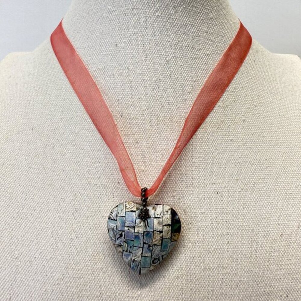 Abalone Mosaic Heart Pendant Necklace Pastel Beachy Coastal Feminine Reversible‎